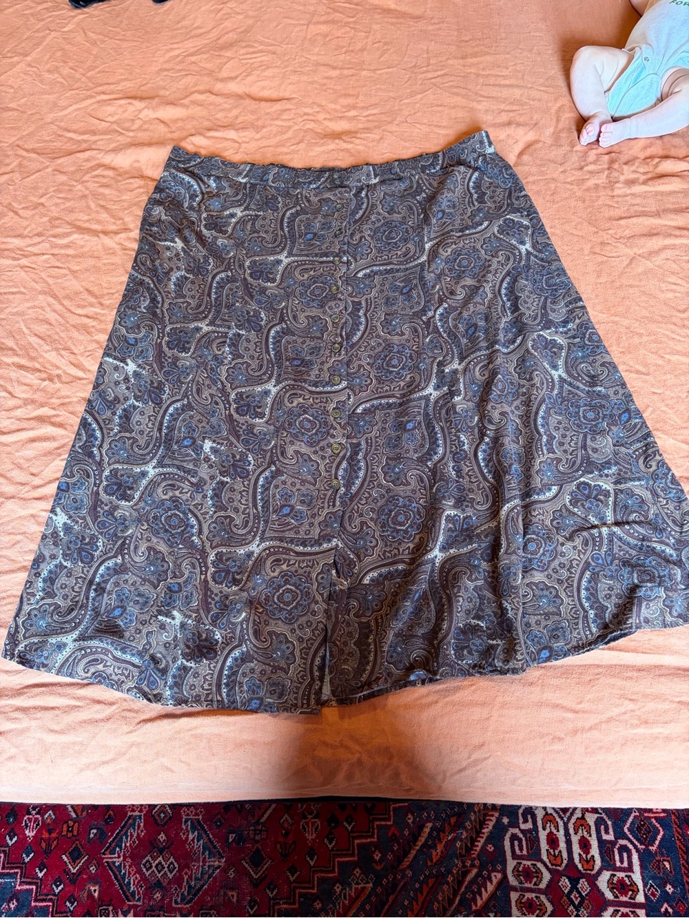 Vintage Brown and Blue Paisley A-Line Midi Skirt